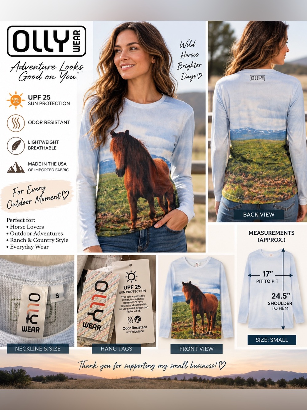 Olly Wear Horse Equestrian Photo Print Thermal Long Sleeve Shirt Small UPF 25